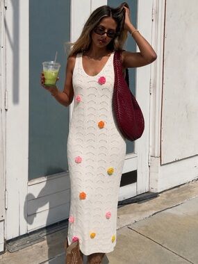 White Knit Maxi Dress with Colorful Crochet Flowers - Kids